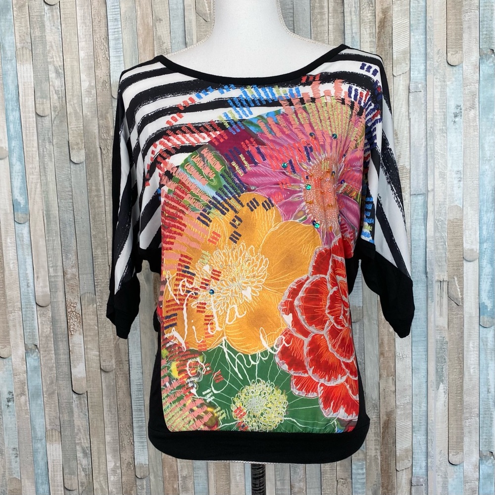 Desigual S Colorful Floral Stripe Sequin Top Shirt Blouse Artsy La Vida es Chula